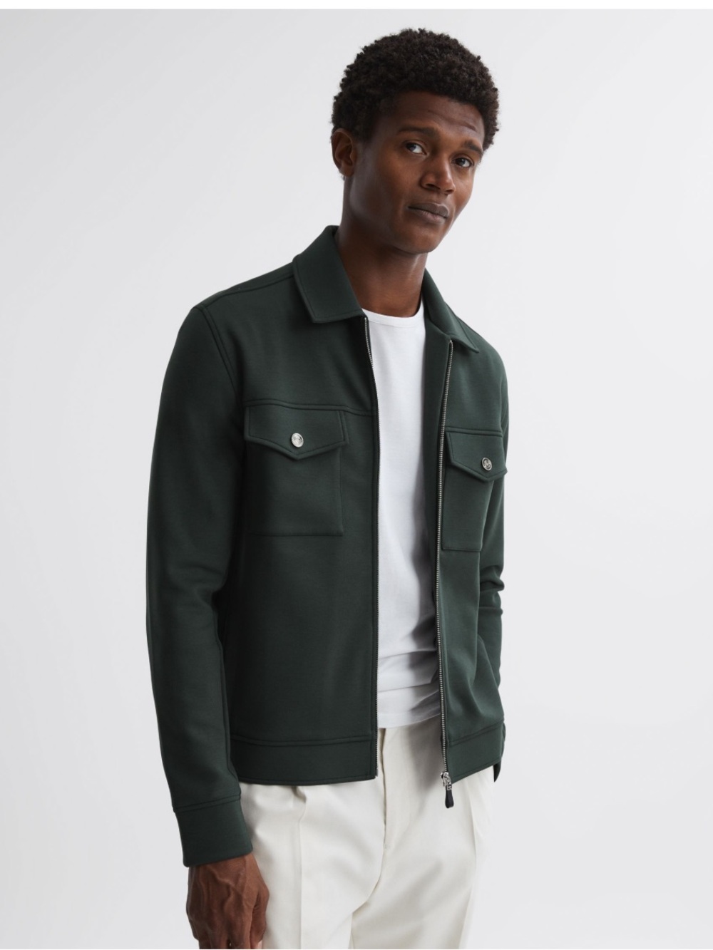 Reiss Medina Interlock Jersey Zip-Through Overshirt Emerald Green